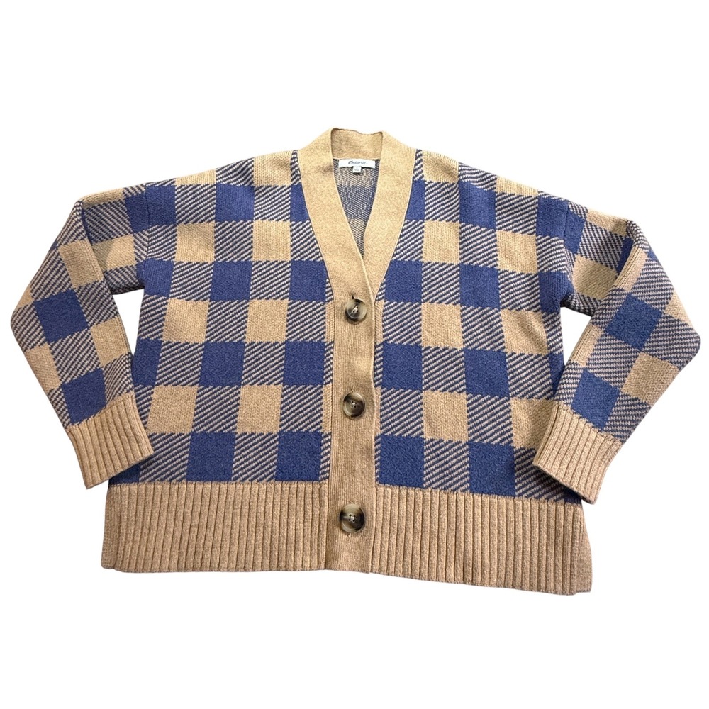Madewell Women Blue Tan Buffalo Check Plaid V-Neck Button Cardigan Sweater Small - Picture 2 of 6